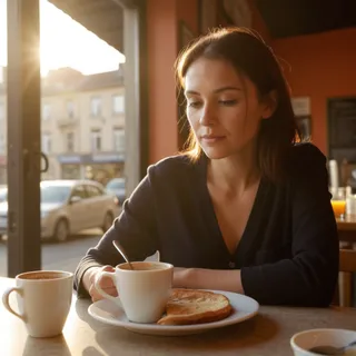 A woman sitting in a cafe having breakfast with a cup of coffee and a pancake on a plate, bathed in warm morning light with cinematic and sharp focus.