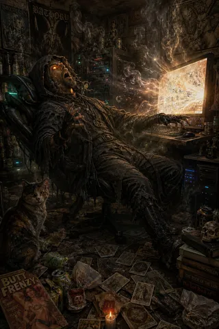 A hooded dark fantasy occultist with glowing orange eyes reclines in a gamer chair beside a glowing computer monitor illuminating tarot cards scattered on the floor, a calico cat sitting among fast-food wrappers and a pulp fantasy magazine in a cluttered dimly lit apartment bedroom.