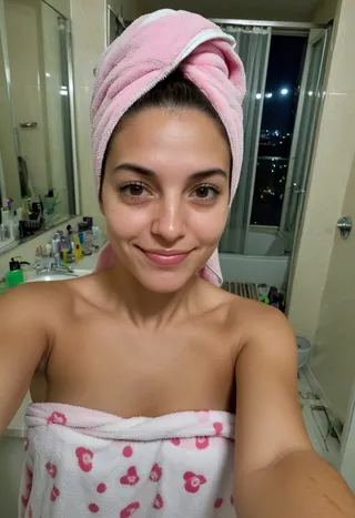 A 30-year-old Argentinian woman taking a nighttime selfie in a fully furnished bathroom, wearing a pink towel on her head and a pink towel wrapped around her body with a small smile.