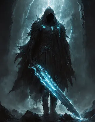 A mysterious hooded dark warrior stands in a storm, wielding a glowing ethereal giant sword, wearing tattered cloak and intricate armor amid falling shards and dramatic lighting.