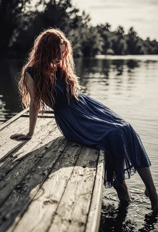 A young woman with long red hair wearing a deep blue dress sits on a weathered wooden dock, dipping her bare feet in a calm river with trees in the background.