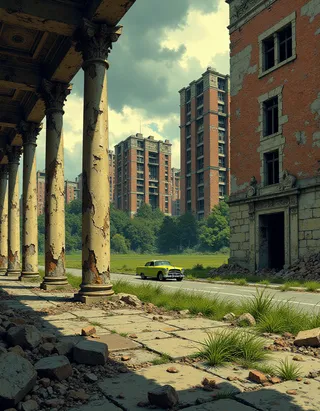A yellow vintage car driving past abandoned, dilapidated buildings with crumbling stone columns and overgrown vegetation in an urban area.