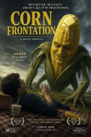 A blursed movie poster titled 'Corn Frontation' featuring a giant anthropomorphic ear of corn with butter melting on its head, looming over a man having a picnic, with dark moody skies.