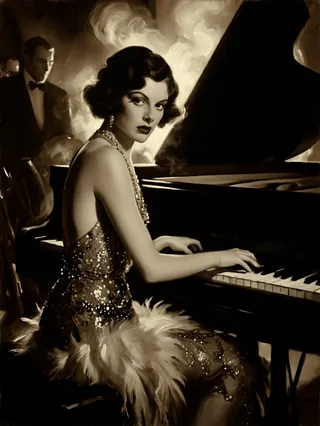 A glamorous Jazz Age diva in a sparkling backless evening gown with feathered skirt playing a grand piano in a dim, smoky jazz club, rendered in warm sepia tones with dramatic chiaroscuro lighting.