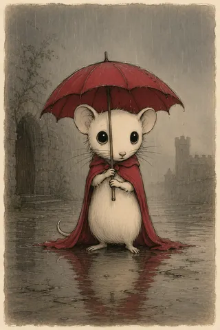 A tiny white mouse stands on wet stone in a rain-drenched courtyard, holding a large red umbrella and wearing a flowing red cloak, illustrated with fine pencil and crayon techniques.