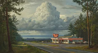 An American roadside diner with a neon sign reading 'Martian Spoon', surrounded by pine trees along a two-lane highway, under large cumulonimbus clouds with a distant volcanic coastline.