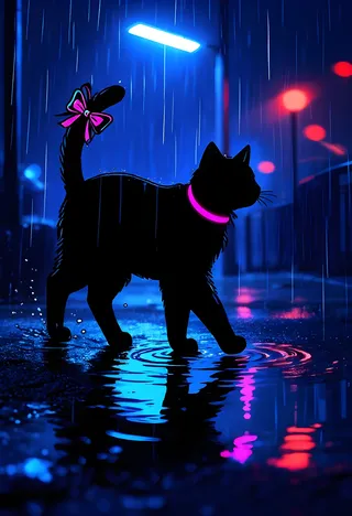 Silhouette of a black cat with a neon pink collar and bow on its tail walking on a rainy street with reflective puddles under fluorescent lights at night.