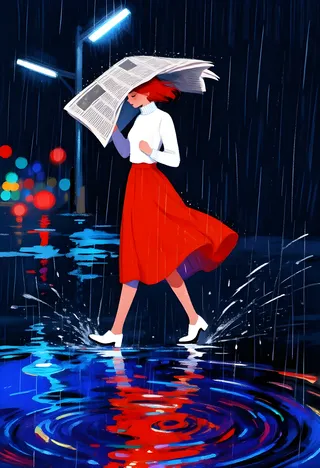 A female figure with red hair and red skirt holds a newspaper as an umbrella while walking on a dark rainy street with reflective puddles and fluorescent lights at night.