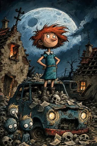 Whimsical dark illustration of an impish red-haired girl standing confidently atop a battered blue car littered with skulls and papers, surrounded by odd goblin creatures in a ruined village street, illuminated by a large glowing full moon and moody blue-orange lighting.