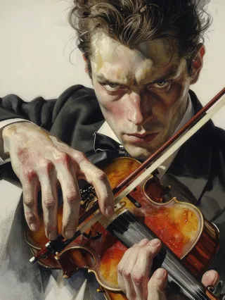 Close-up portrait of a violinist with an intense gaze, playing a polished violin with dramatic lighting in Bradhamel art style.