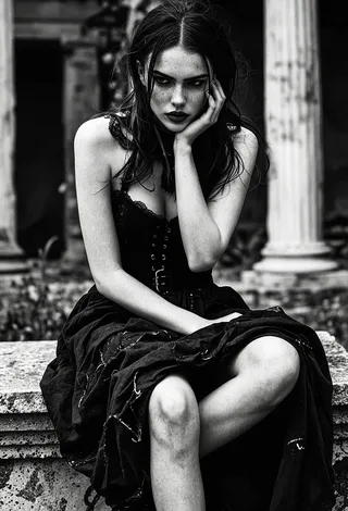 Black-and-white close-up portrait of a striking young woman wearing a black corset dress, sitting on a stone bench in an overgrown Greek ruin with dramatic, high-contrast cinematic lighting.