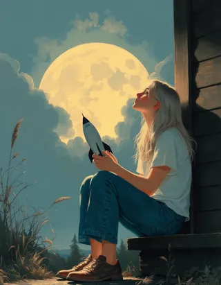 A tween girl with platinum blonde hair sits on a wooden porch step, holding a toy rocket, gazing up at a glowing full moon surrounded by drifting clouds in warm moonlight.