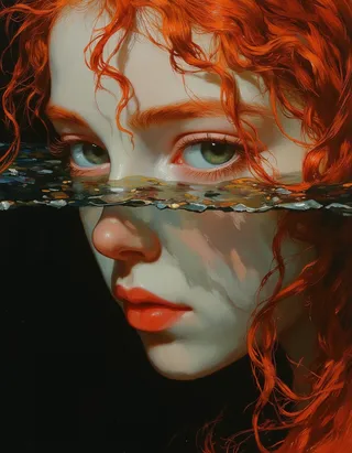 Close-up oil painting of a teen girl with red hair and green eyes, her face partially submerged in water, rendered in a Rembrandt-inspired style with intricate details.