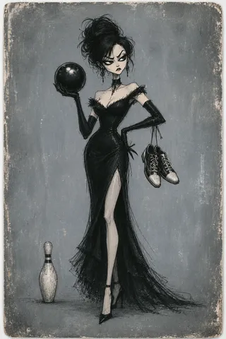 A tall slender gothic fashion witch wearing a black feathered evening gown with a thigh-high slit, holding a glossy black bowling ball in one hand and dangling bowling sneakers in the other, standing next to a single bowling pin against a gray distressed paper background.