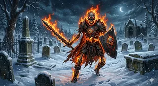 A fierce skeleton swordsman engulfed in flames with glowing eyes and black sclera stands in a snowy winter cemetery at night, surrounded by tombstones and a dark, cloudy sky with a crescent moon.