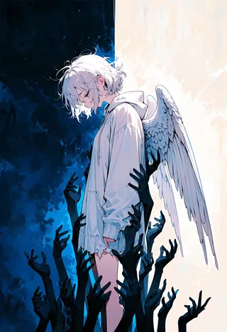 A melancholic fallen angel with short silvery-white hair and delicate white wings stands in profile with downcast eyes, surrounded by shadowy hands reaching toward her against a split dark and light background.