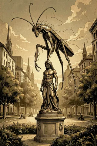 A sepia-toned detailed illustration of a giant mantis-like creature perched atop a muscular statue in a serene city park with trees, benches, and urban buildings.