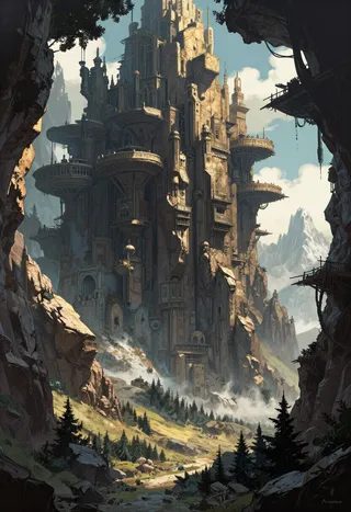 Detailed fantasy landscape depicting Black Wizard's Fortress built on a steep rocky cliff, surrounded by rugged mountains and forest, under bright sky with dramatic light and shadows.