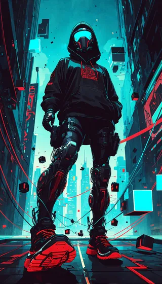 A cyberpunk hooded figure wearing a black techwear hoodie and bionic legs stands on a futuristic city rooftop illuminated by neon cyan and red lights with floating cubes and digital shards around.