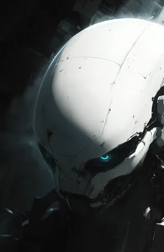 Close-up of a large white mechanical head with glowing teal eyes and a matte surface featuring scuffs and grime, illuminated by high-contrast lighting.