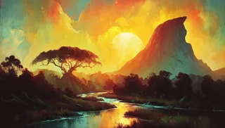 A vibrant mystical landscape at sunset featuring a towering jagged mountain, a calm winding river, dark shadowy trees, and an ancient tree silhouette with warm glowing colors.