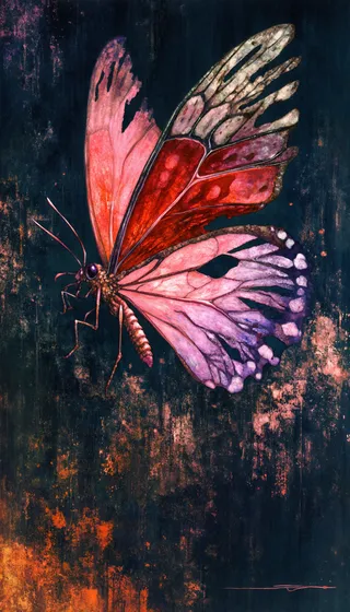 A weathered butterfly with tattered red, pink, and violet wings featuring orange spots, set against a dark, gritty, textured background in an anime style.