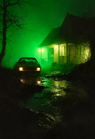 A dark and eerie swamp setting featuring a rundown biker bar illuminated by green flames and warm yellow lights, with muscle cars parked in muddy water and an ominous green fog surrounding the scene.