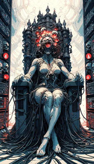 A biomechanical female android with grey skin and red glowing camera lenses for eyes, seated on a massive cybernetic throne made of cables and industrial components in a dark sci-fi server-farm cathedral.