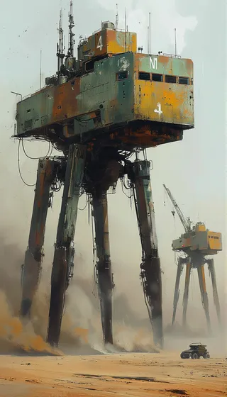 A colossal multi-legged mecha with a weathered industrial design stands in a barren desert, with another smaller mecha and a wheeled vehicle in the dusty background.