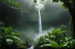 A vivid waterfall cascading down a lush green jungle surrounded by dense tropical plants and mist rising from the water.