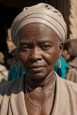 Closeup portrait of an aged Congolese woman wearing a beige headwrap, earrings, and layered necklaces, with neutral tones and wrinkles visible on her face.