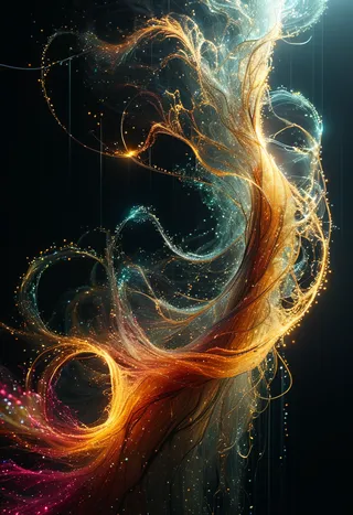 Glowing intricate light strands flowing dynamically against a dark background with sparkling particles.