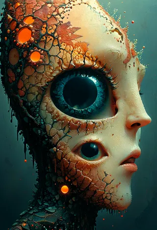 A surreal portrait of a humanoid face with extremely large eyes and cracked, textured skin in dark, melancholic tones with dramatic volumetric lighting.