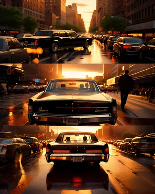 Photorealistic black Lincoln Continental on a wet New York City street during golden hour sunset rainstorm with traffic and crowds.