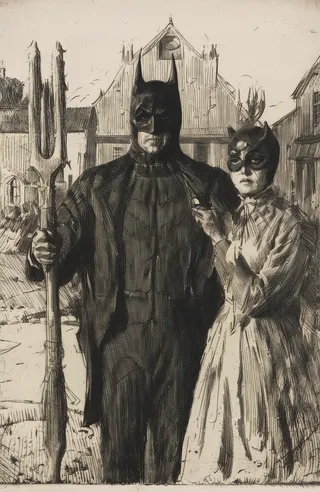Etching of Batman holding a pitchfork alongside Catwoman wearing a catsuit and mask, styled like the American Gothic painting.