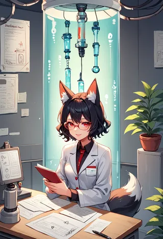 Black-haired fox girl with red eyes and glasses sitting at a desk in a laboratory, reading a red book in front of a glowing stasis tank.