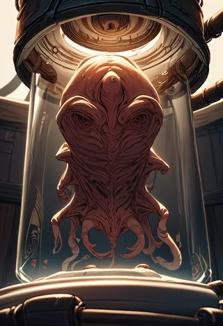 Close up of an alien creature in fetal position floating inside a stasis tank, depicted with soft shadows and a simple background in realistic anime style.
