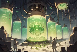 A giant brain suspended inside a green stasis tank filled with bubbling water, surrounded by tubes and cables inside a dimly lit military laboratory with scientists observing.