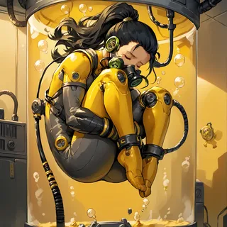 A cybernetic girl with long black hair in a yellow suit floats in fetal position inside a stasis tank filled with yellow water, wearing a respirator with bubbles rising around her.