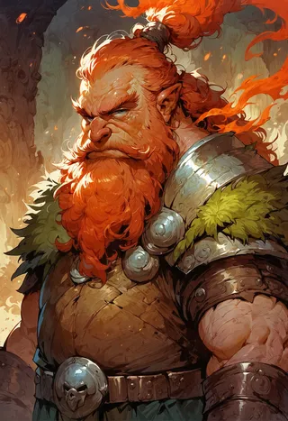 Highly detailed concept art of an old dwarf warrior with a long fiery red beard and armor, set against the backdrop of a forge with a fire aura.