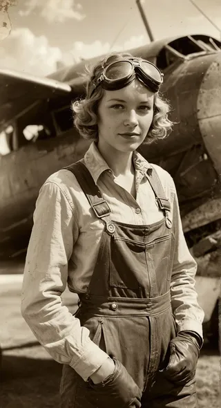Sepia toned vintage photograph of Amelia Earhart wearing aviator goggles, leather gloves, and overalls standing confidently in front of an old airplane.