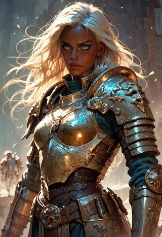 A powerful woman with dark skin and flowing white hair stands in detailed gold and bronze medieval armor on a battlefield, illuminated by dramatic lighting.
