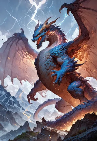 A gigantic blue-scaled dragon with large wings and a long tail stands fiercely on rocky mountainous terrain, surrounded by lightning aura and an epic fantasy sky.