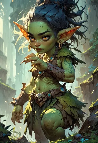 A green-skinned goblin girl with large orange ears and glowing amber eyes, dressed in tribal armor with skull and blue gem adornments, crouches alert in a lush fantasy forest.