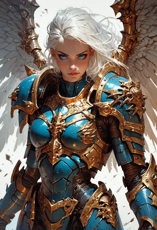 A female warrior with striking blue eyes and white hair, wearing detailed blue and gold power armor with intricate pauldrons and shoulder armor, standing with large white wings behind her.