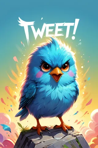 A colorful and vibrant comic-style illustration of a cute fluffy blue bird looking angry with a 'TWEET!' text logo above it and a simple pastel background.