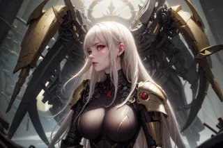 High-detail close-up of a science fiction female knight with platinum blonde hair, red eyes, mechanical arms, and large mechanical wings, wearing armor with gold decorations.