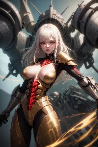 A platinum blonde female knight in golden and red armor with mechanical arms, striking a dynamic pose under cinematic lighting with large machinery in the background.