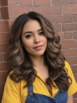 Young woman with curly hair wearing a yellow shirt and denim fast food uniform, standing against a brick wall.