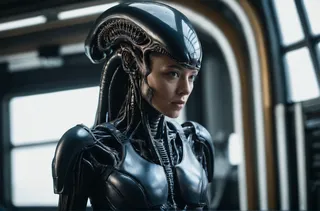 A close-up of a biomechanoid woman featuring a hybrid design with human facial features and a xenomorph-inspired cybernetic helmet and armor, photographed indoors with Nikon Z7 II.